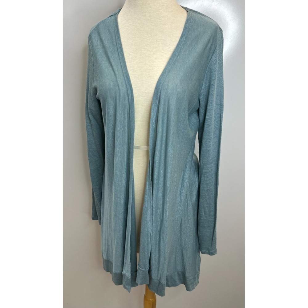 New Tahari 100% Linen Open Front Cardigan Dusty Teal Blue Longline Duster Medium - Picture 11 of 11